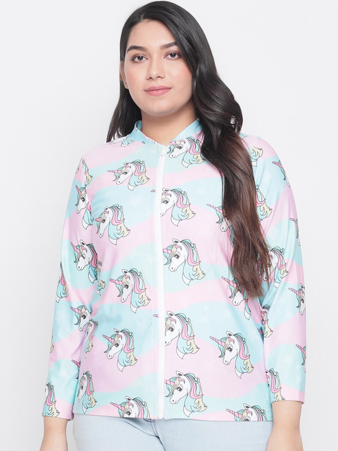 

Amydus Plus Size Unicorn Printed Mock Collar Lightweight Bomber Jacket, Pink