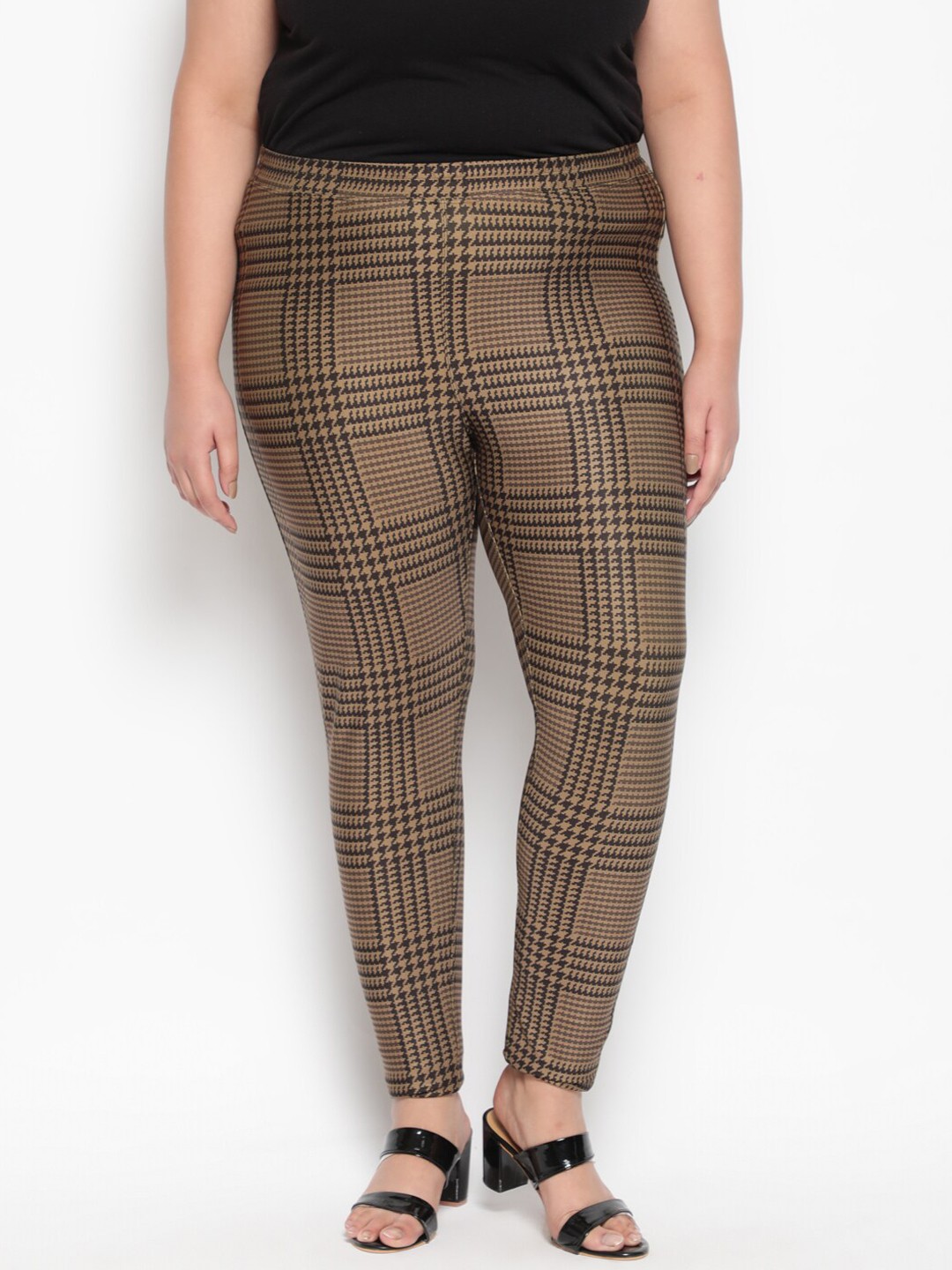 

Amydus Plus Size Brown Glen Plaid Warm Fleece Winter Jeggings