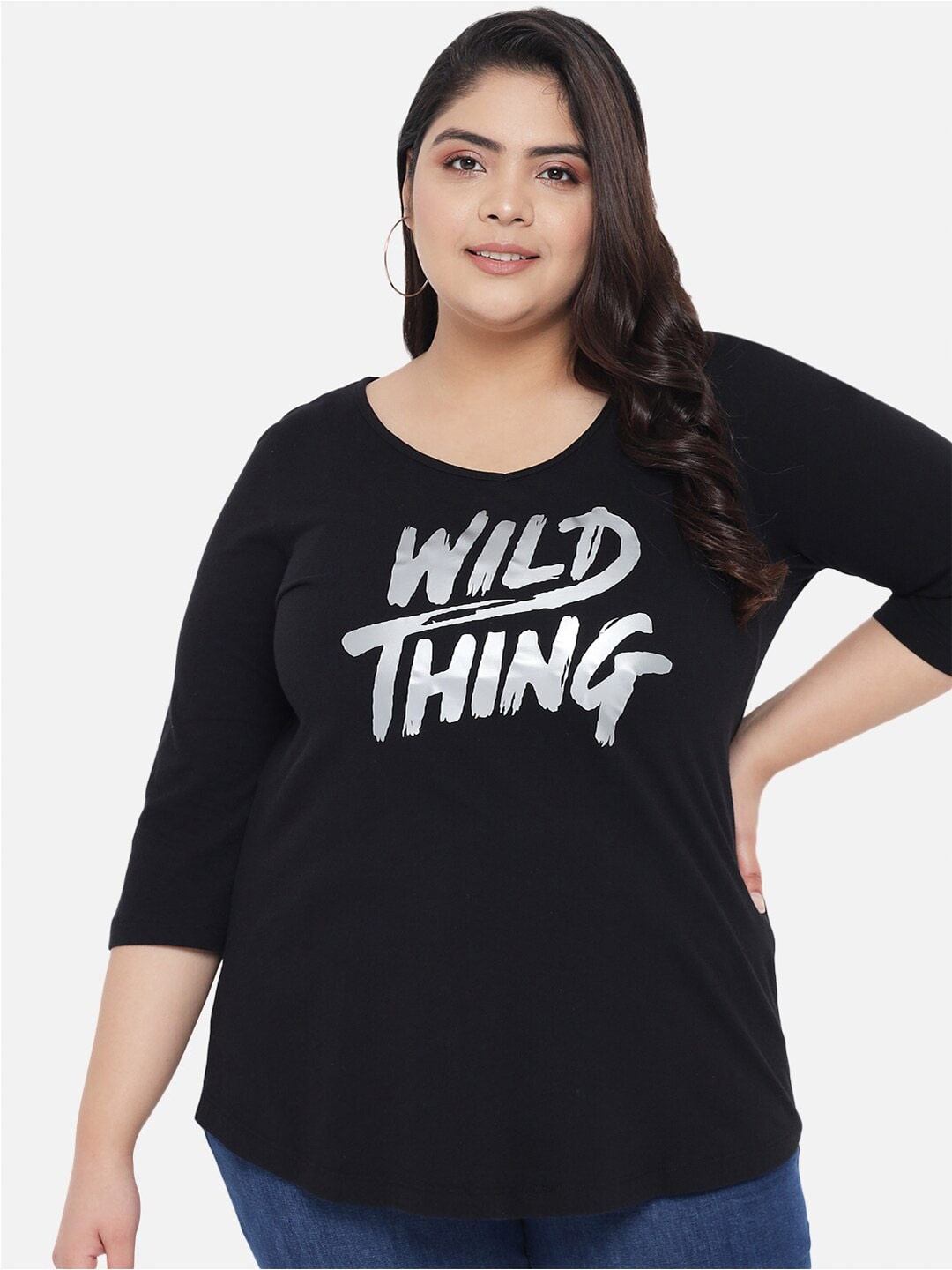 

Amydus Plus Size Typography Printed Cotton T-shirt, Black
