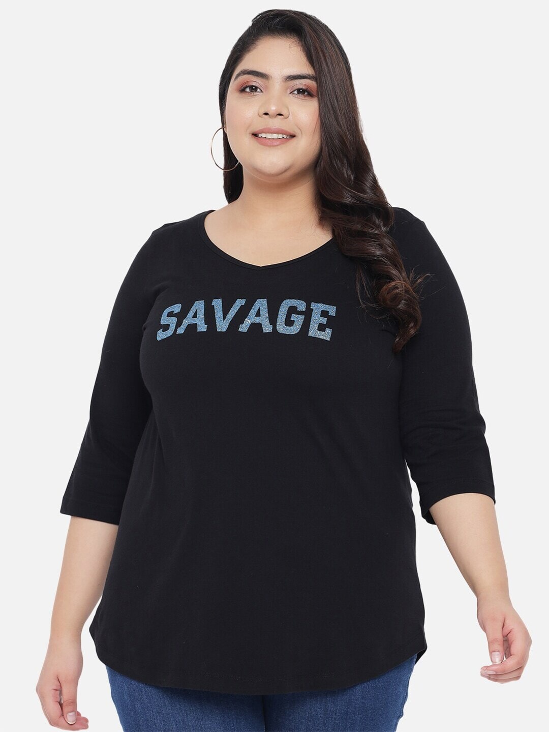 

Amydus Plus Size Typography Printed Cotton T-shirt, Black