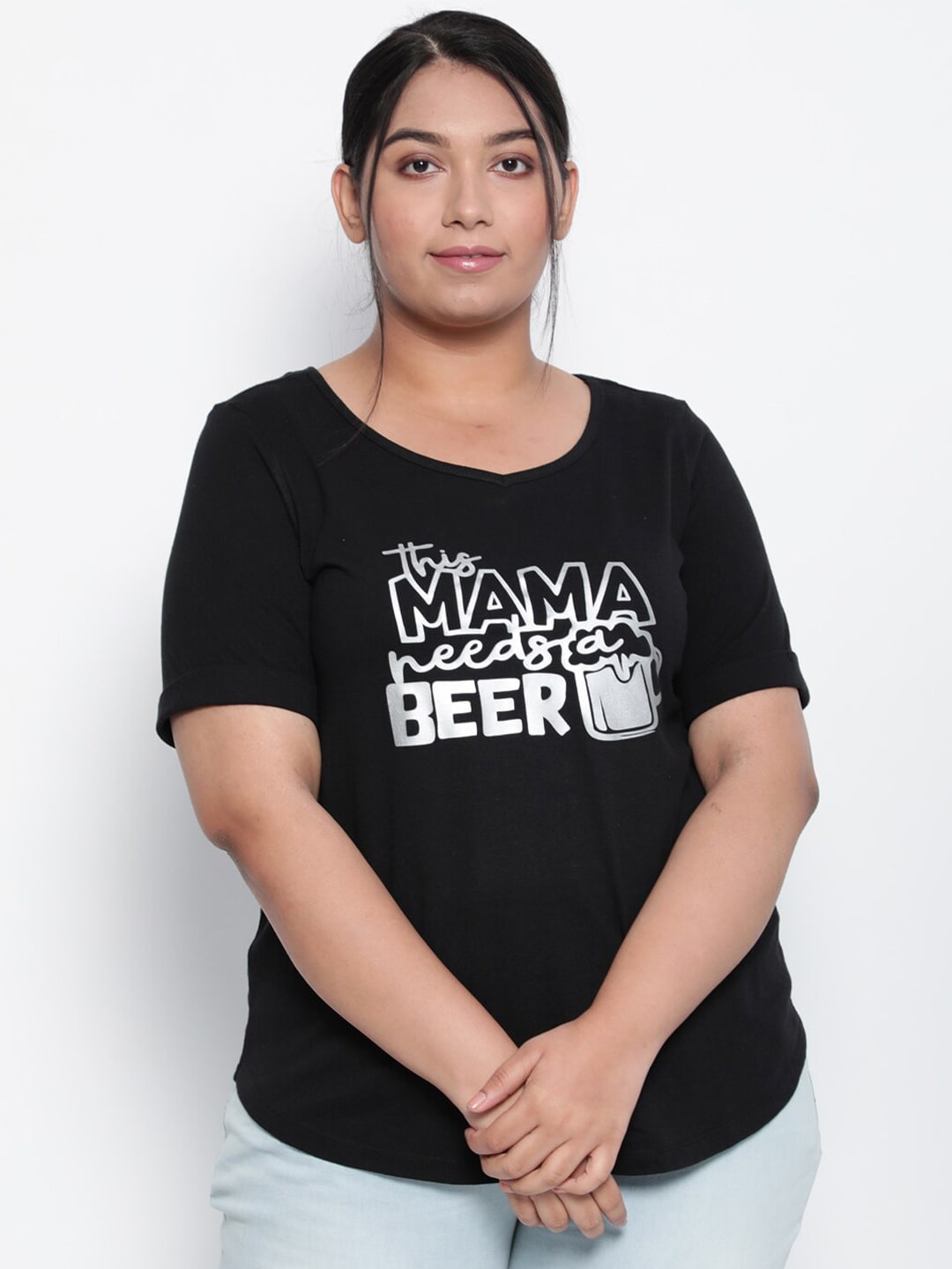 

Amydus Plus Size Typography Printed Cotton T-shirt, Black