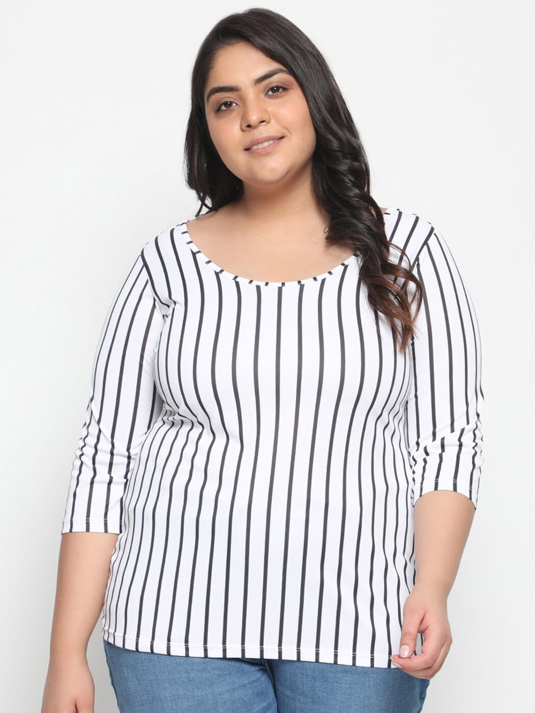 

Amydus Plus Size Striped Round Neck Cotton T-shirt, White