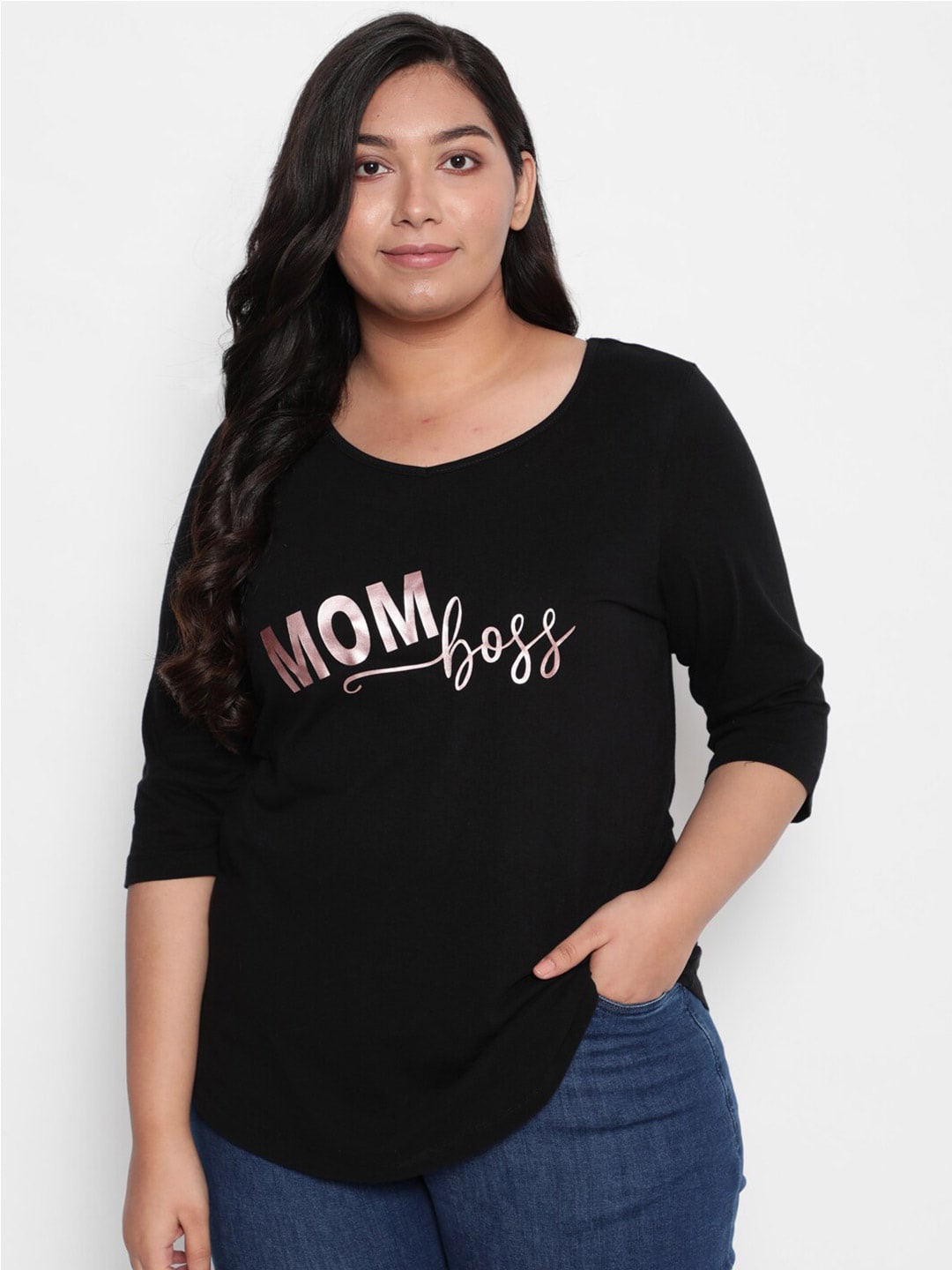 

Amydus Plus Size Typography Printed Cotton T-shirt, Black