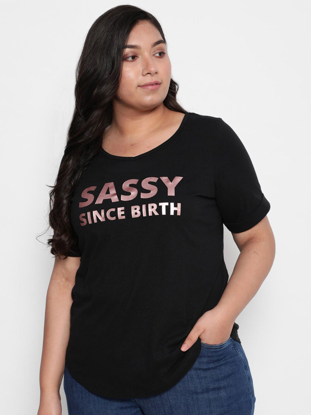 

Amydus Plus Size Typography Printed Cotton T-shirt, Black