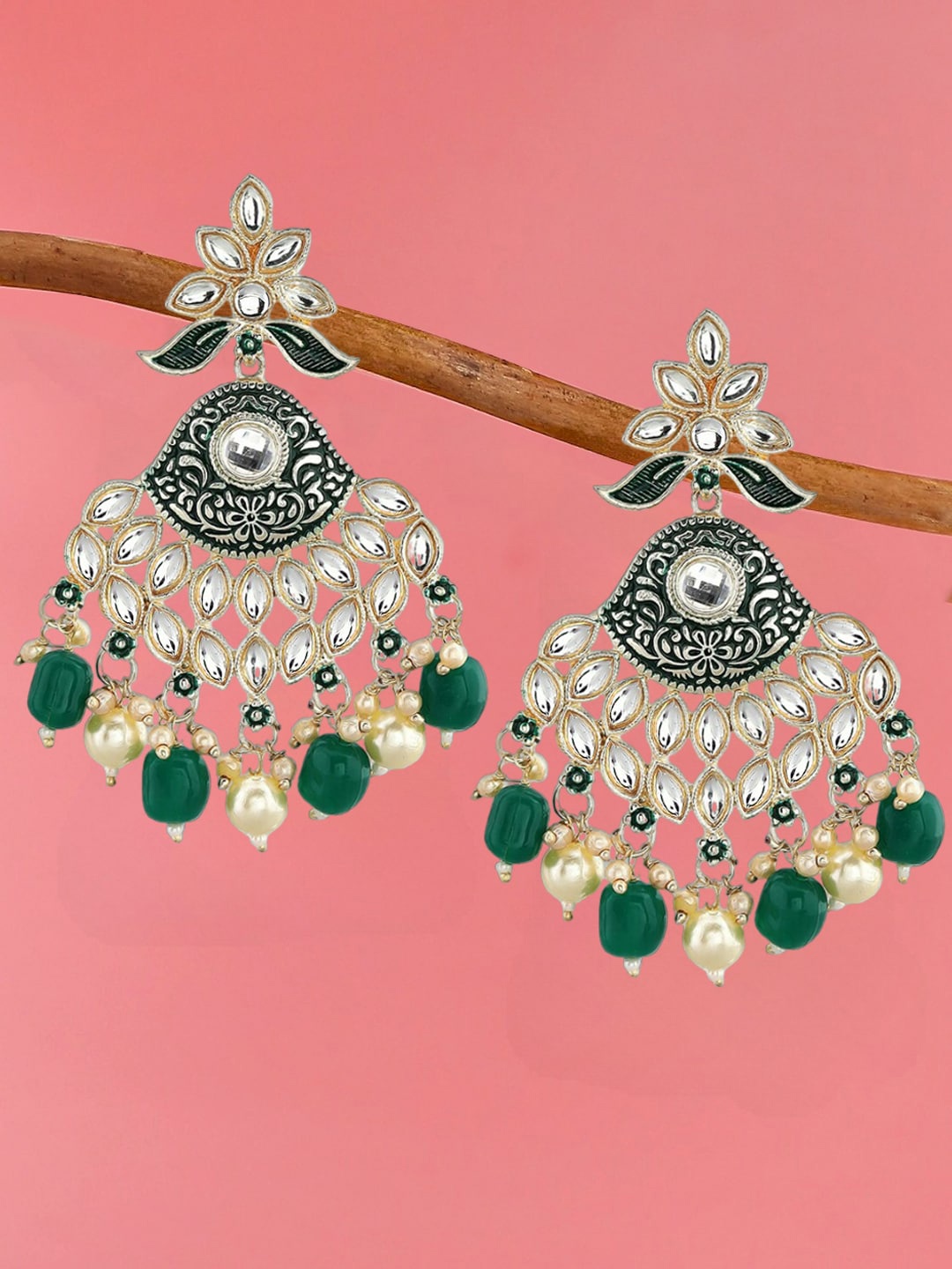 

OOMPH Contemporary Meenakari Kundan Chandbalis Earrings, Green