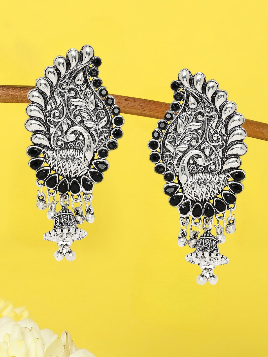 

OOMPH Silver-Plated Stone Oxidized Studded Peacock Shaped Drop Earrings, Black