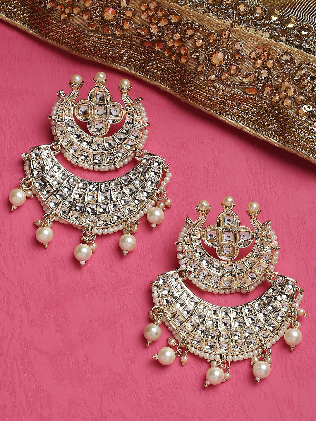 

OOMPH Gold-Plated Kundan Studded Crescent Shaped Chandbalis, White