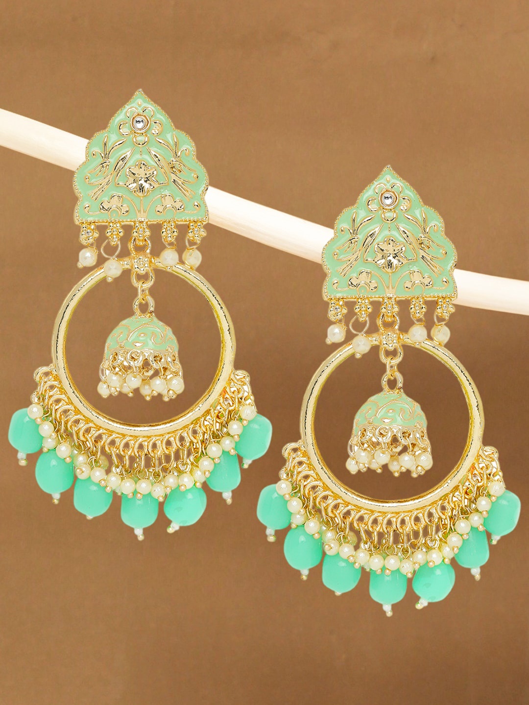

OOMPH Gold-Plated Kundan Studded Crescent Shaped Chandbalis, Green