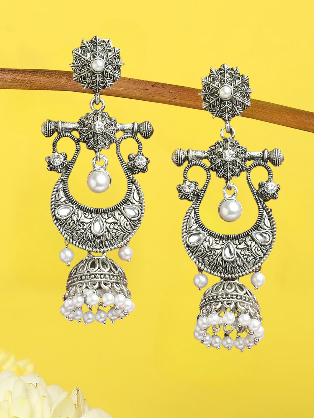 

OOMPH Silver-Plated Oxidised Beaded Dome Shaped Jhumkas Earrings, White