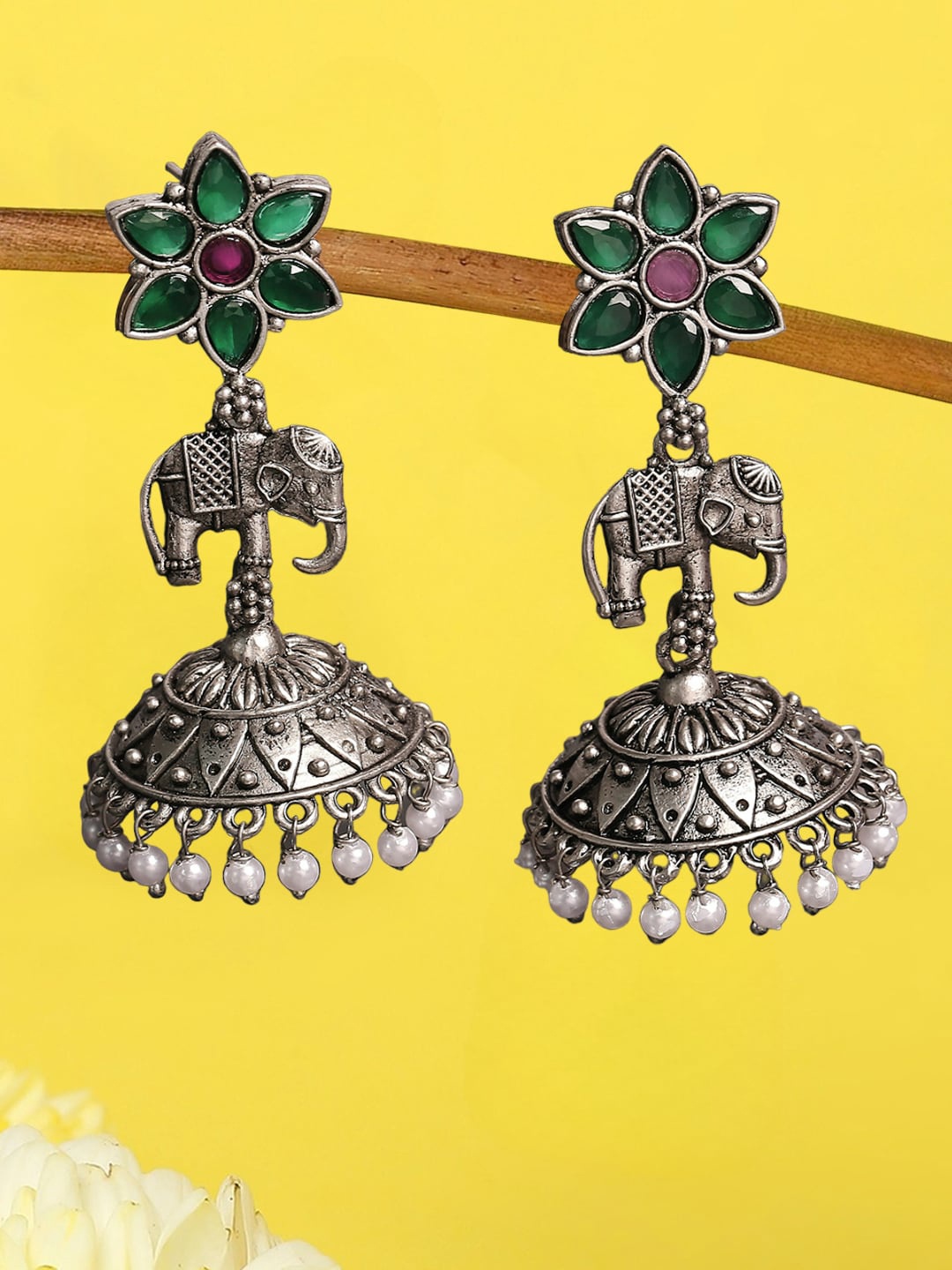 

OOMPH Silver-Plated Oxidised Elephant Design Jhumkas Earrings