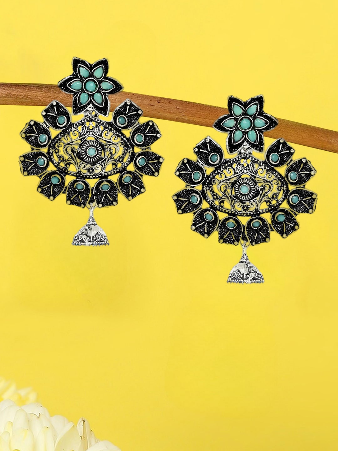 

OOMPH Silver-Plated Oxidised Floral Design Drop Earrings