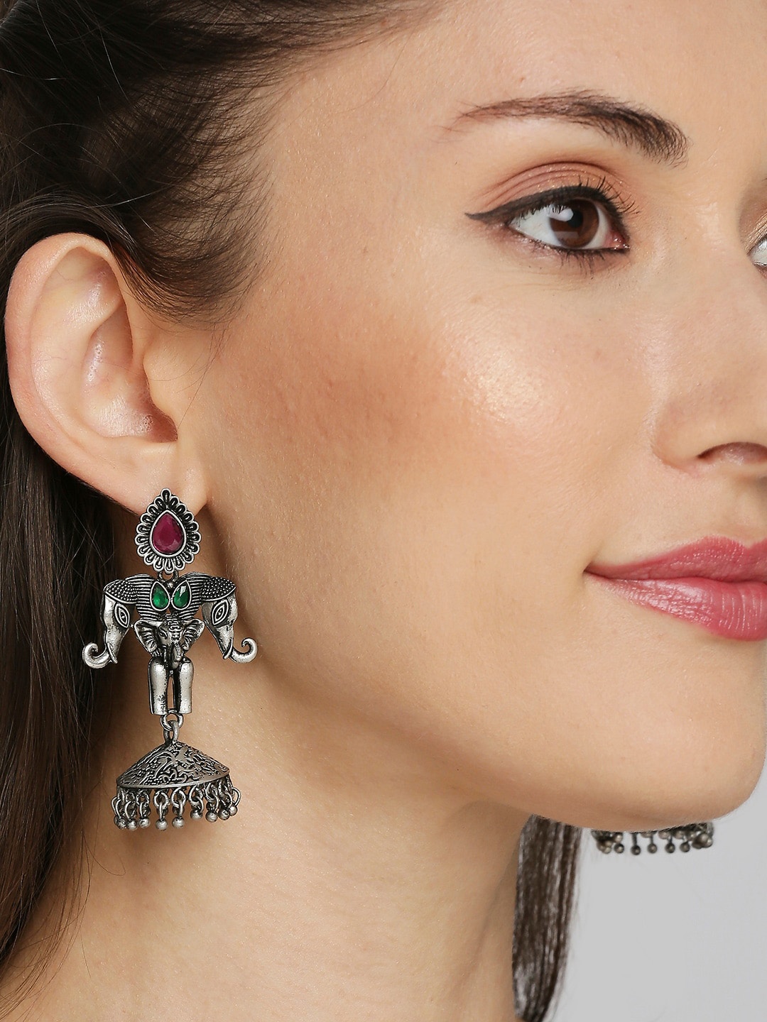

OOMPH Silver-Plated Oxidised Elephant Design Jhumkas Earrings