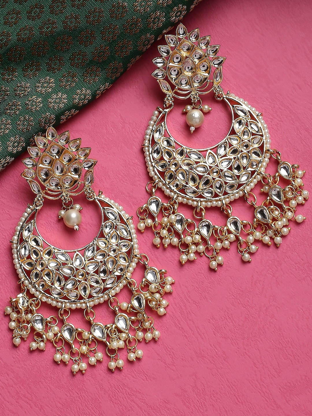 

OOMPH Gold-Plated Kundan Studded Crescent Shaped Chandbalis, White