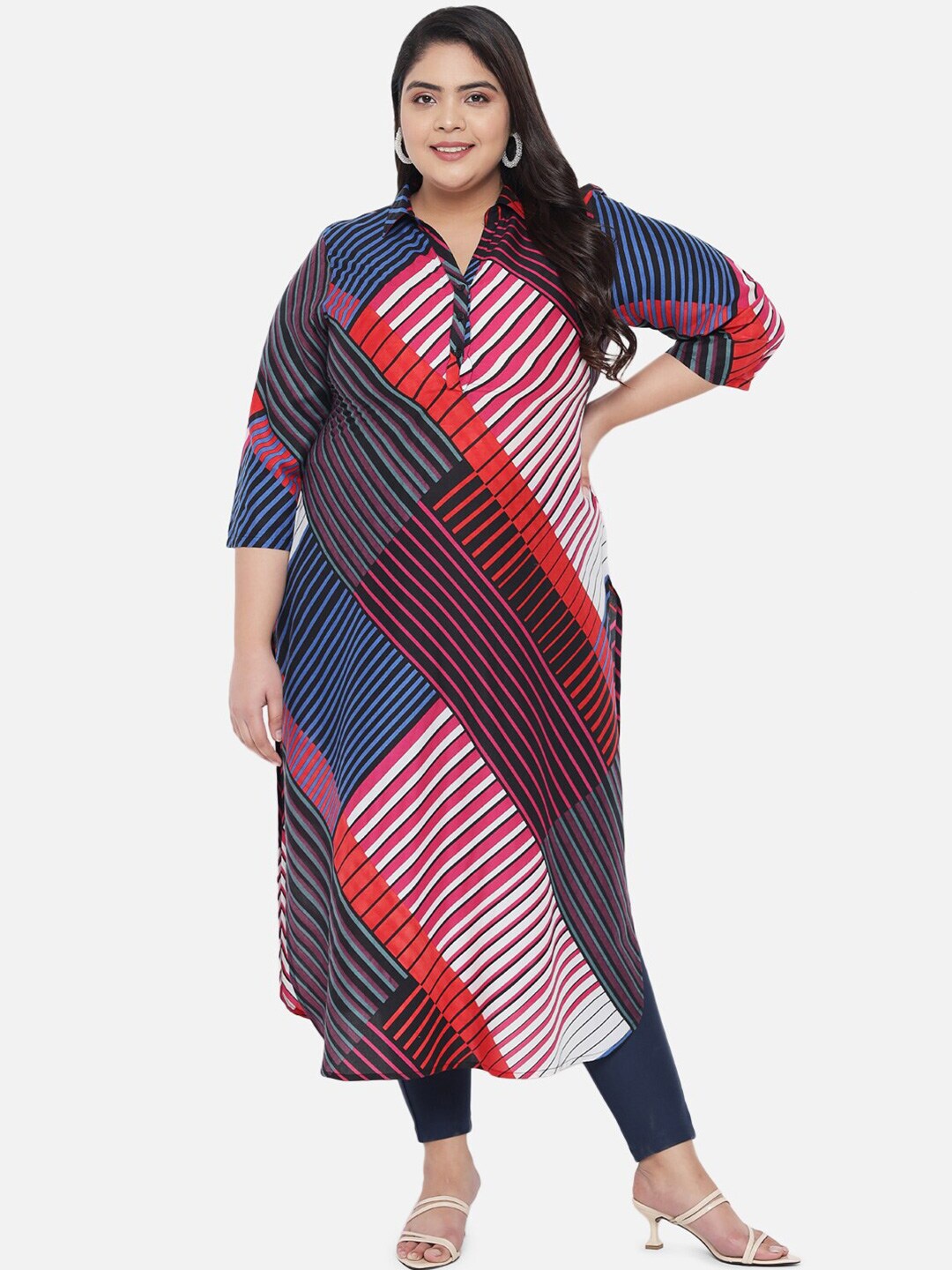 

Amydus Plus Size Geometric Printed Shirt Collar Straight Kurta, Red