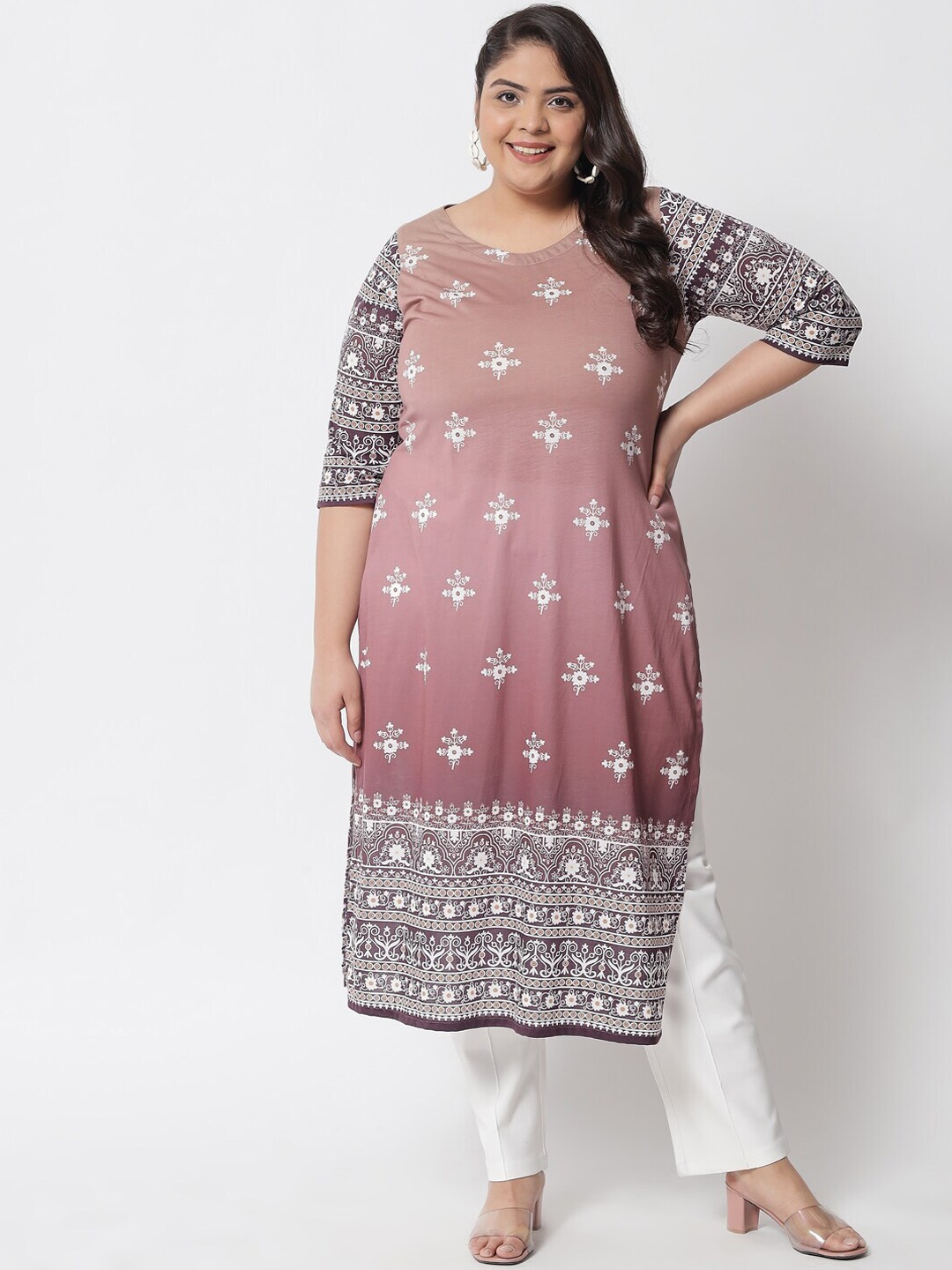 

Amydus Plus Size Ethnic Motifs Printed Straight Kurta, Mauve