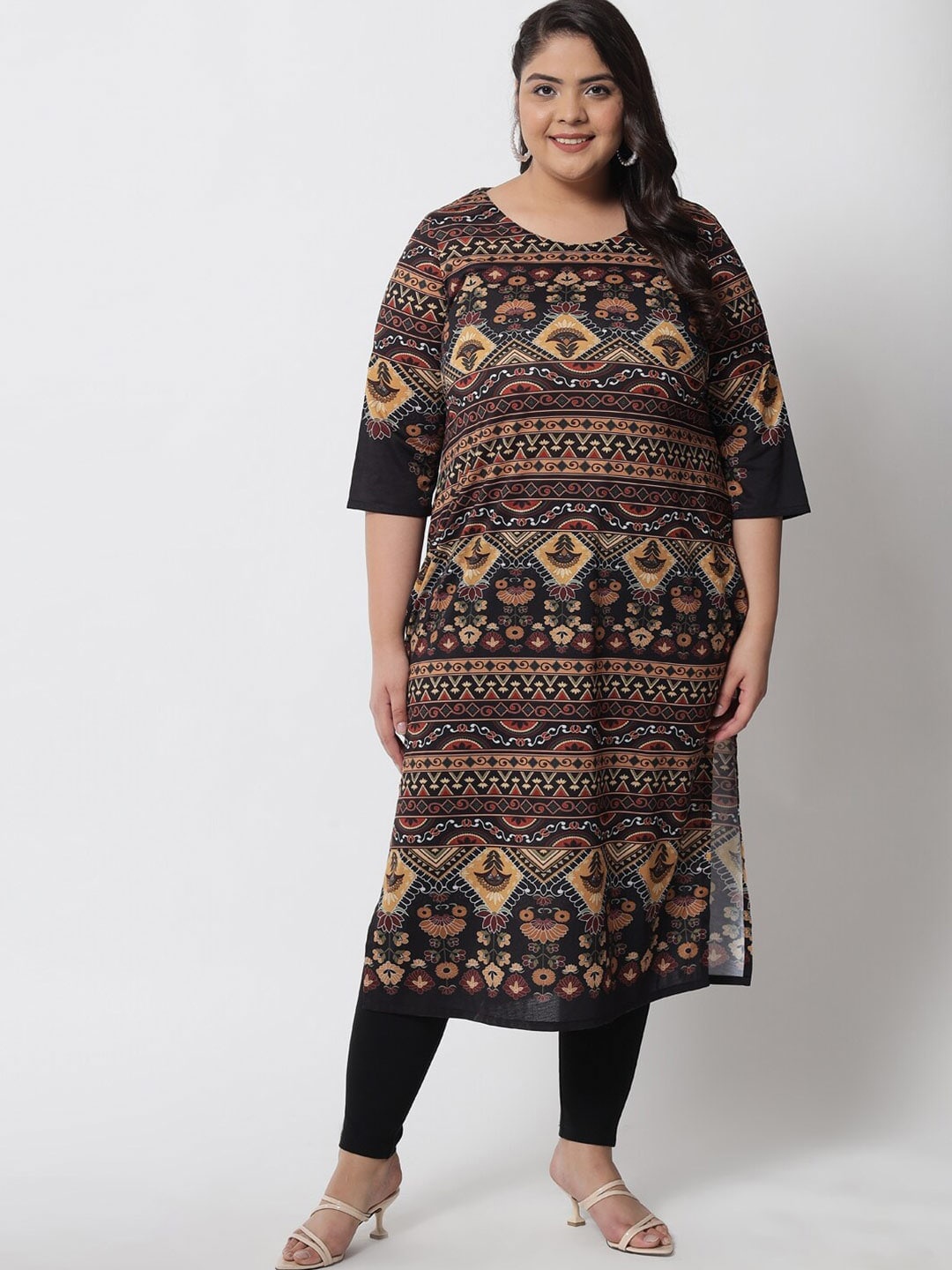 

Amydus Plus Size Ethnic Motifs Printed Kurta, Black