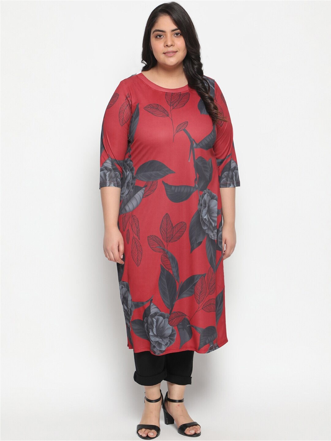 

Amydus Plus Size Floral Printed Round Neck Kurta, Red