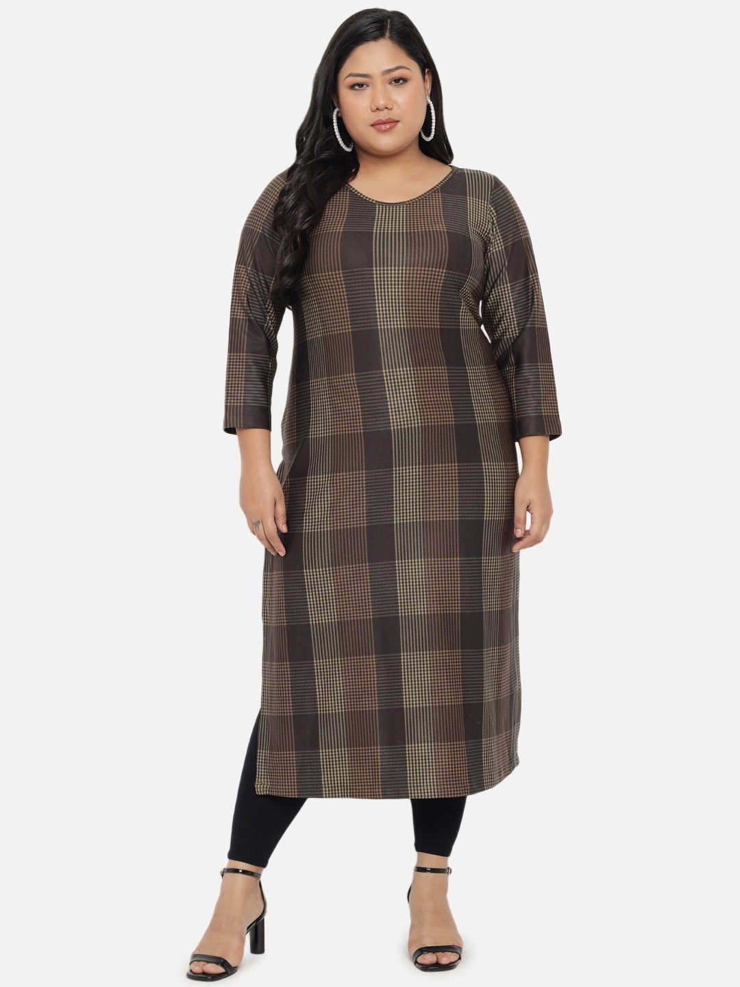 

Amydus Plus Size Checked Woollen Kurta, Brown