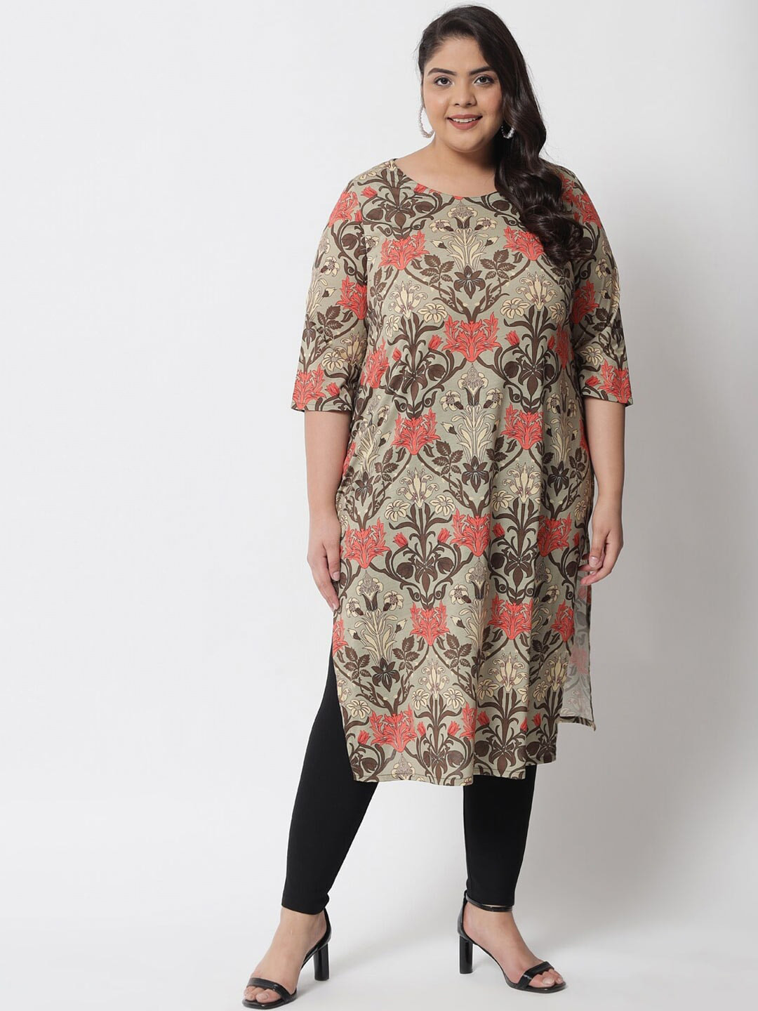 

Amydus Plus Size Floral Printed Round Neck Kurta, Green