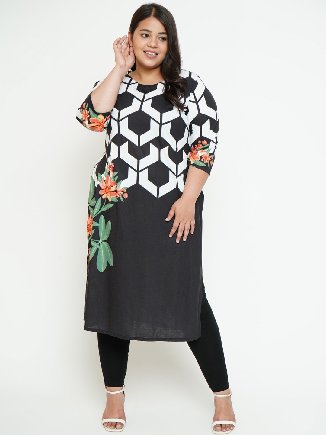 

Amydus Plus Size Geometric Printed Cotton Straight Kurta, Black