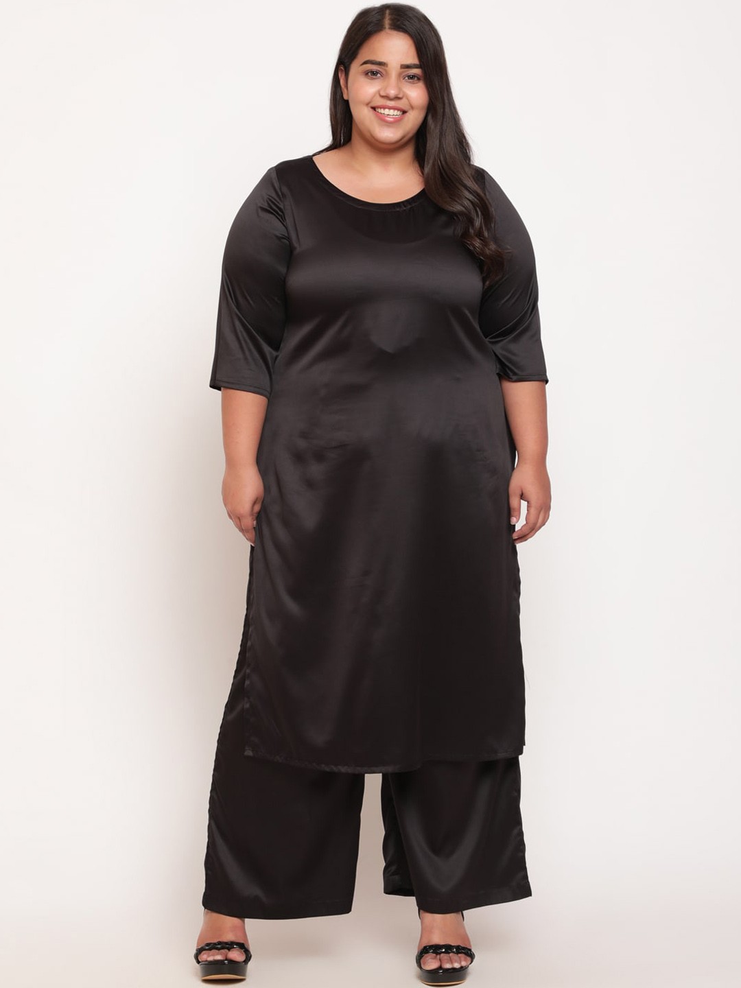 

Amydus Plus Size Round Neck Satin Straight Kurta, Black