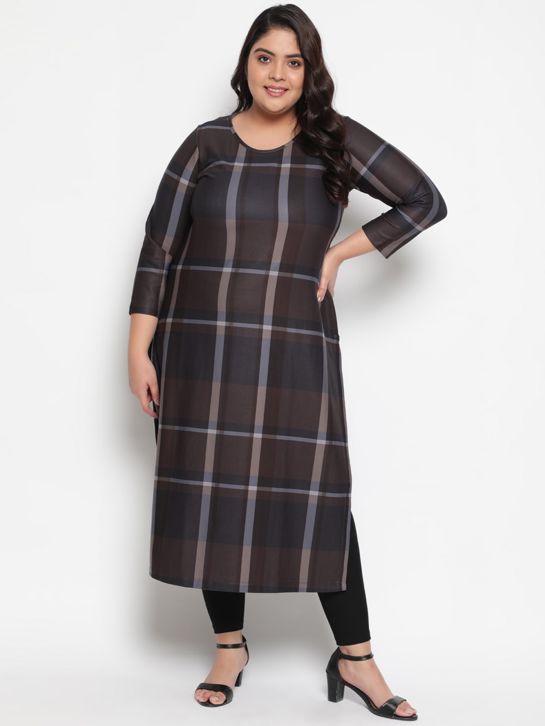 

Amydus Plus Size Checked Woollen Kurta, Brown