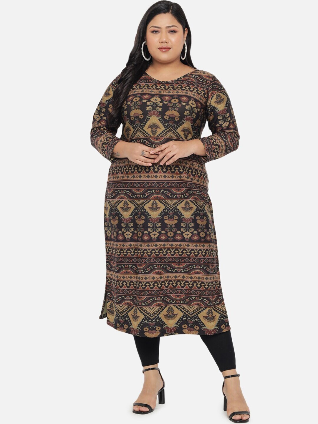 

Amydus Plus Size Ethnic Motifs Printed Kurta, Black