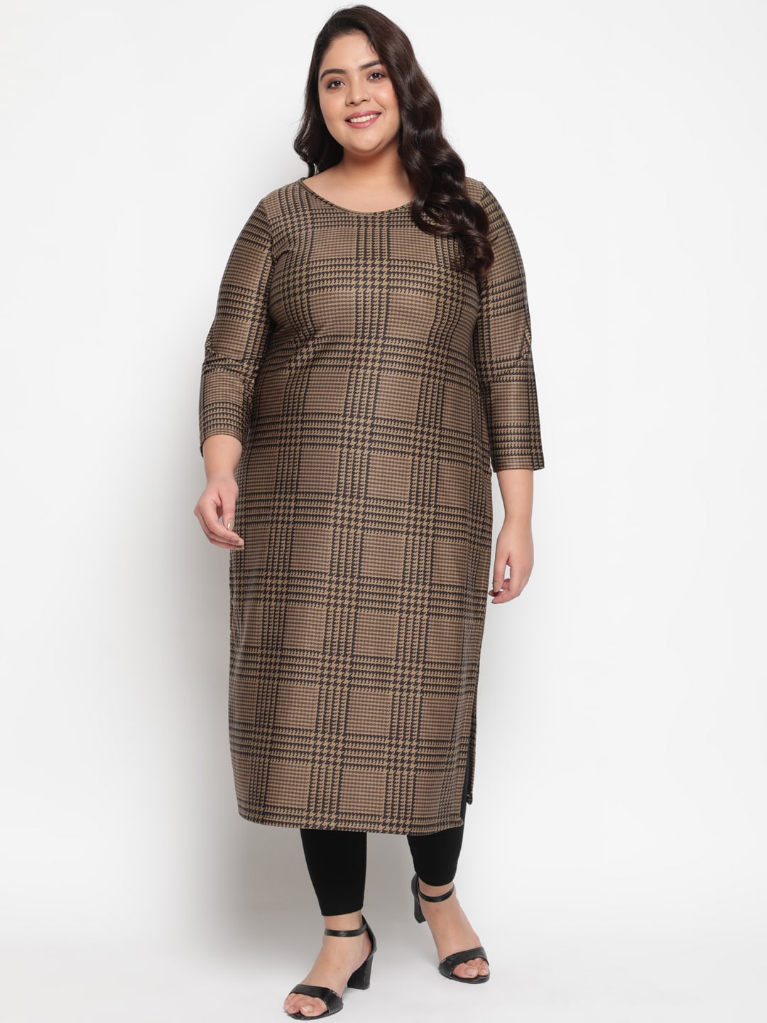 

Amydus Plus Size Checked Woollen Straight Kurta, Brown