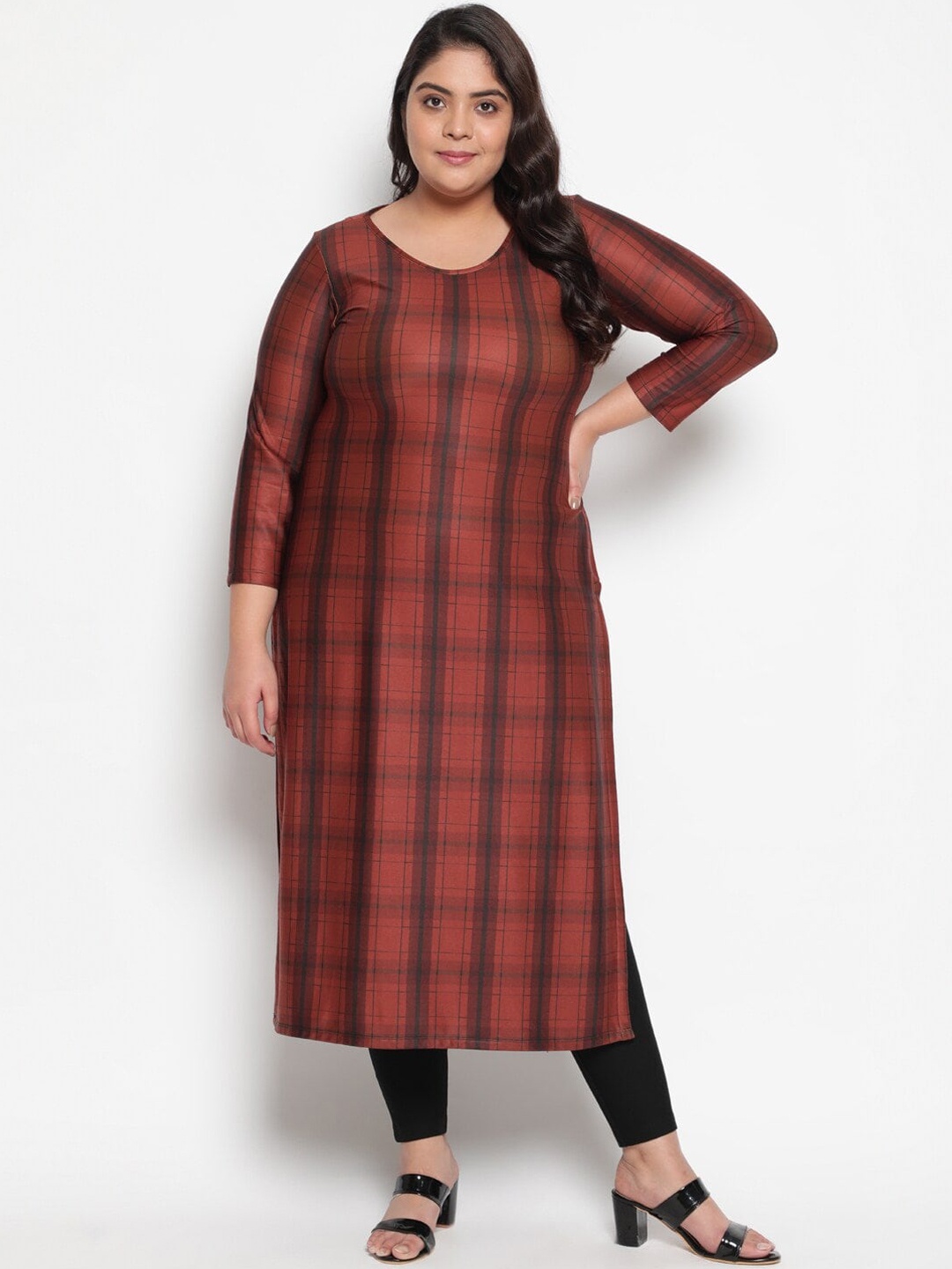 

Amydus Plus Size Checked Round Neck Woollen Kurta, Rust