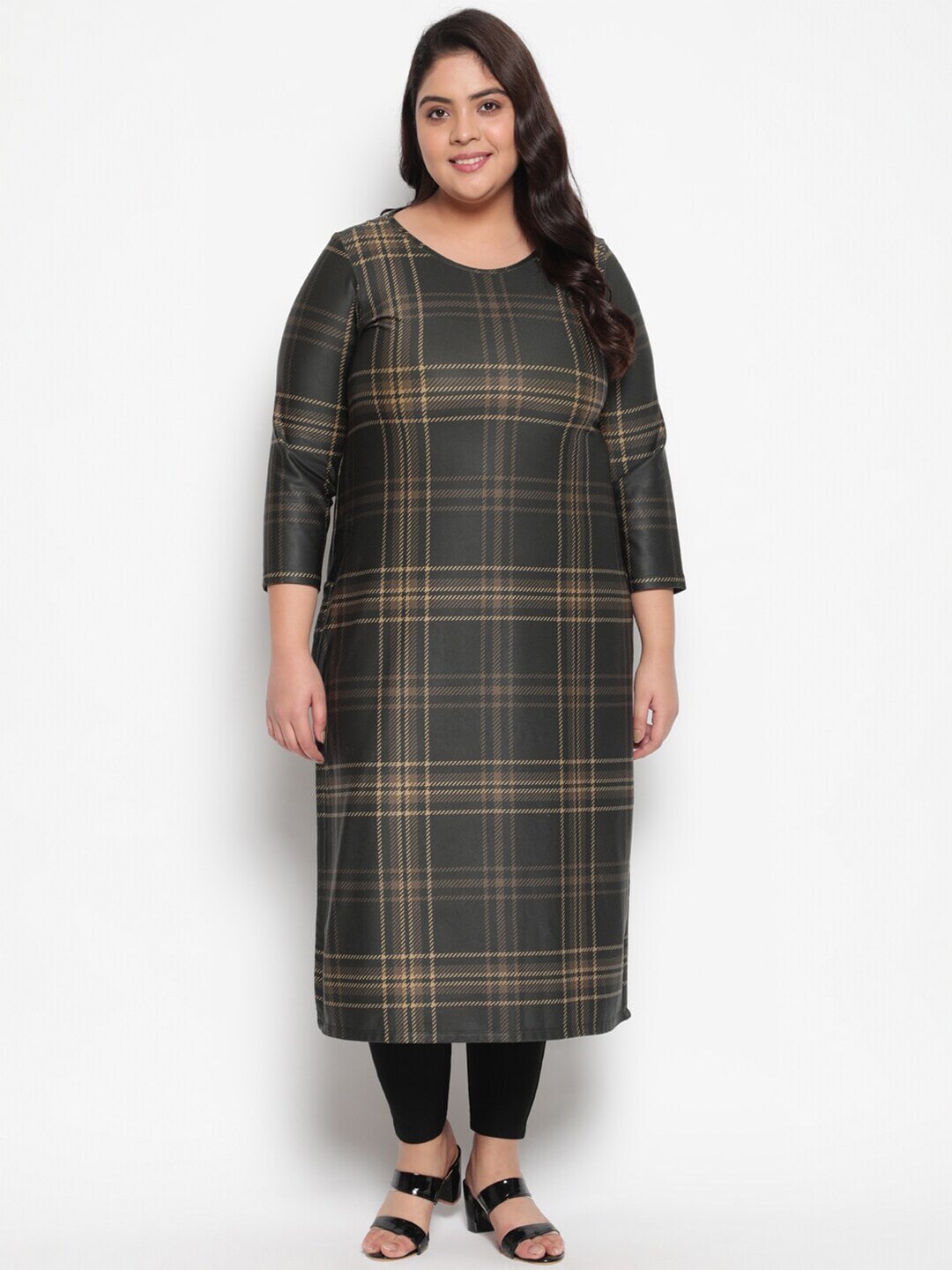 

Amydus Plus Size Checked Woollen Kurta, Tan