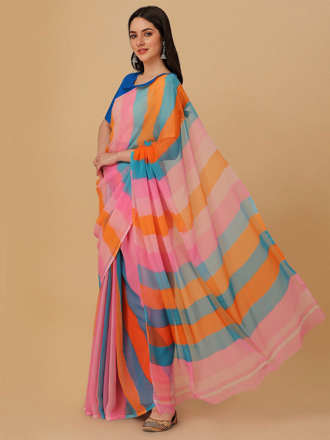 

Sangria Striped Printed Saree, Pink