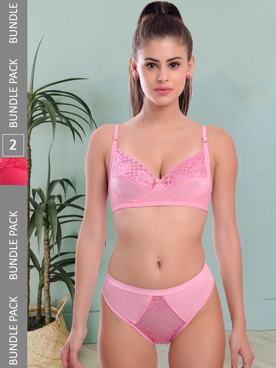 

Fleurt Pack Of 2 Non Padded Printed Lingerie Set Fleurt-Set-399-PK-RD-30, Pink