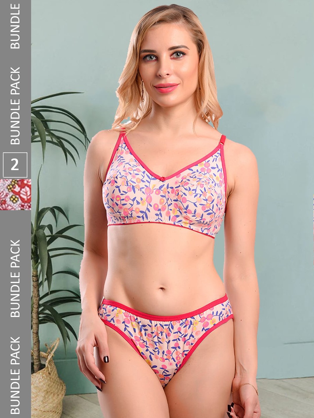 

Fleurt Pack Of 2 Printed Non-Padded Lingerie Set- Fleurt-Set-Print-R.PK-Print 2-RD-30, Pink