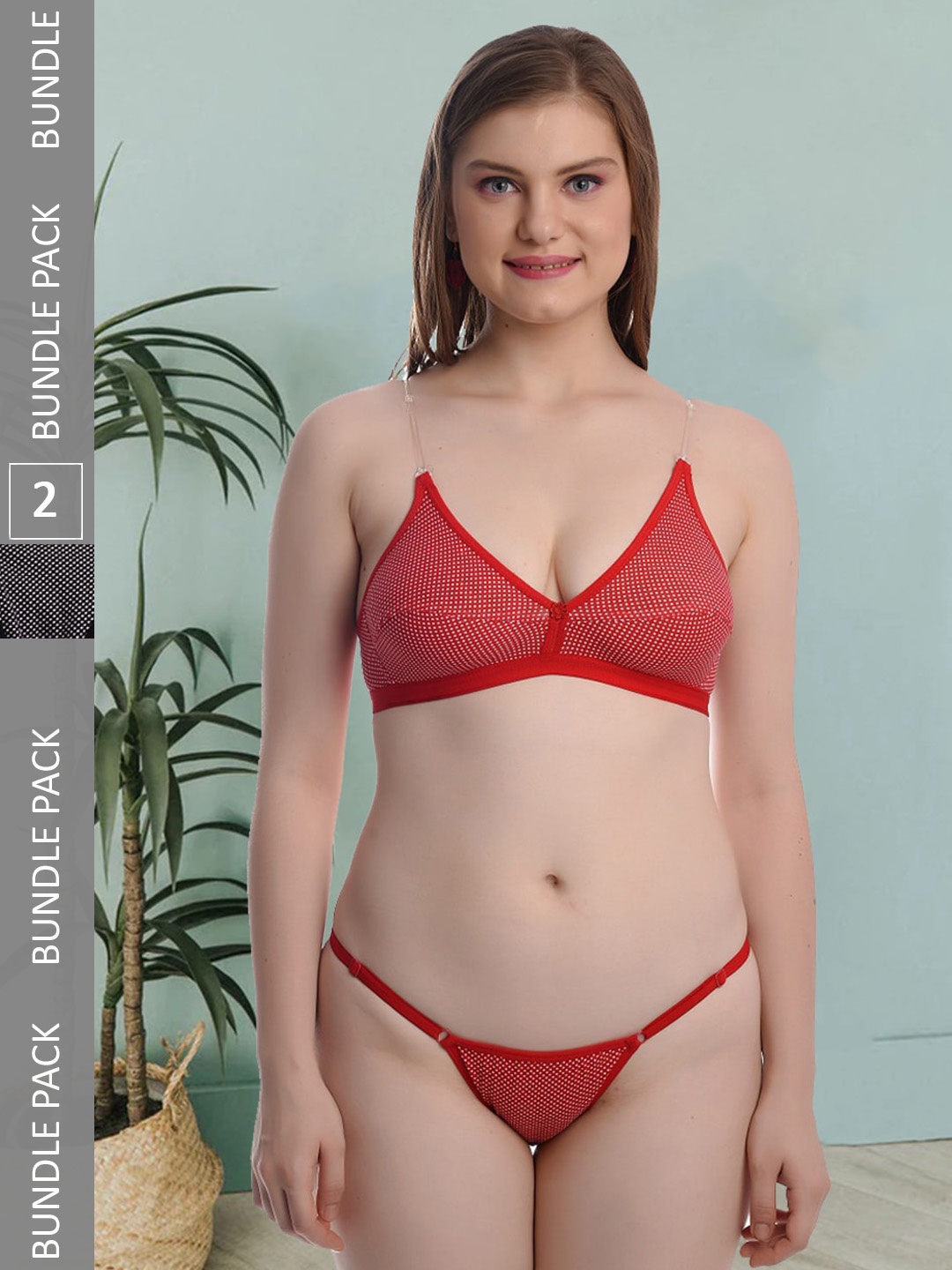 

Fleurt Pack Of 2 Printed Non-Padded Thongs Lingerie Set- Fleurt-Set-Bijli-RD-BK-30, Red