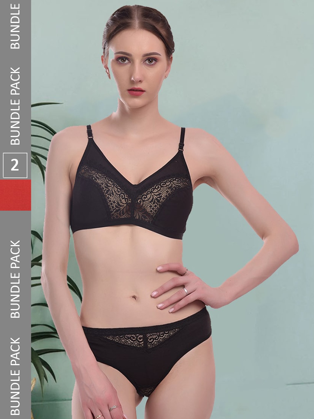 

Fleurt Pack Of 2 Self Design Mid-Rise Lingerie Set, Black