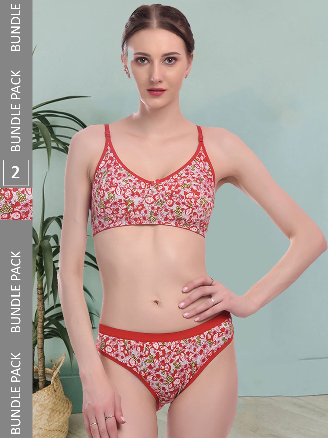 

Fleurt Pack Of 2 Non Padded Printed Lingerie Set Fleurt-Set-Print 2-RD-Print 2-PK-32, Red