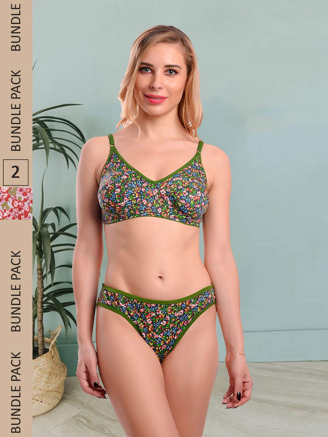 

Fleurt Pack Of 2 Floral Printed Mid-Rise Lingerie Set, Green