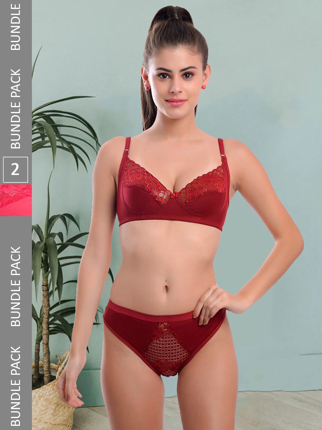 

Fleurt Pack Of 2 Self Design Non Padded Briefs Lingerie Set- Fleurt-Set-399-MR-RD-30, Maroon