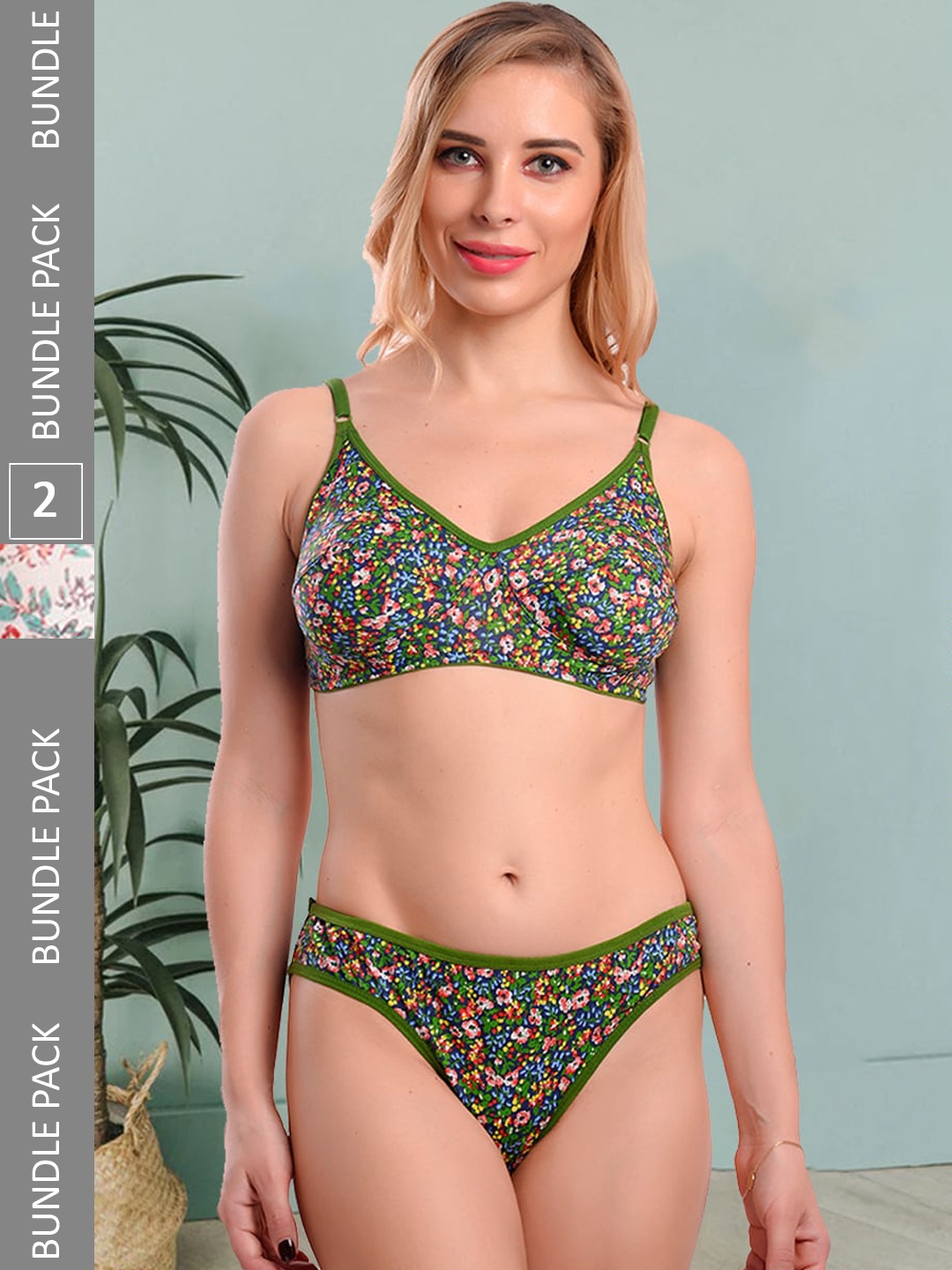 

Fleurt Pack Of 2 Printed Non Padded Briefs Lingerie Set- Fleurt-Set-Print-GR-Print-RD-30, Green
