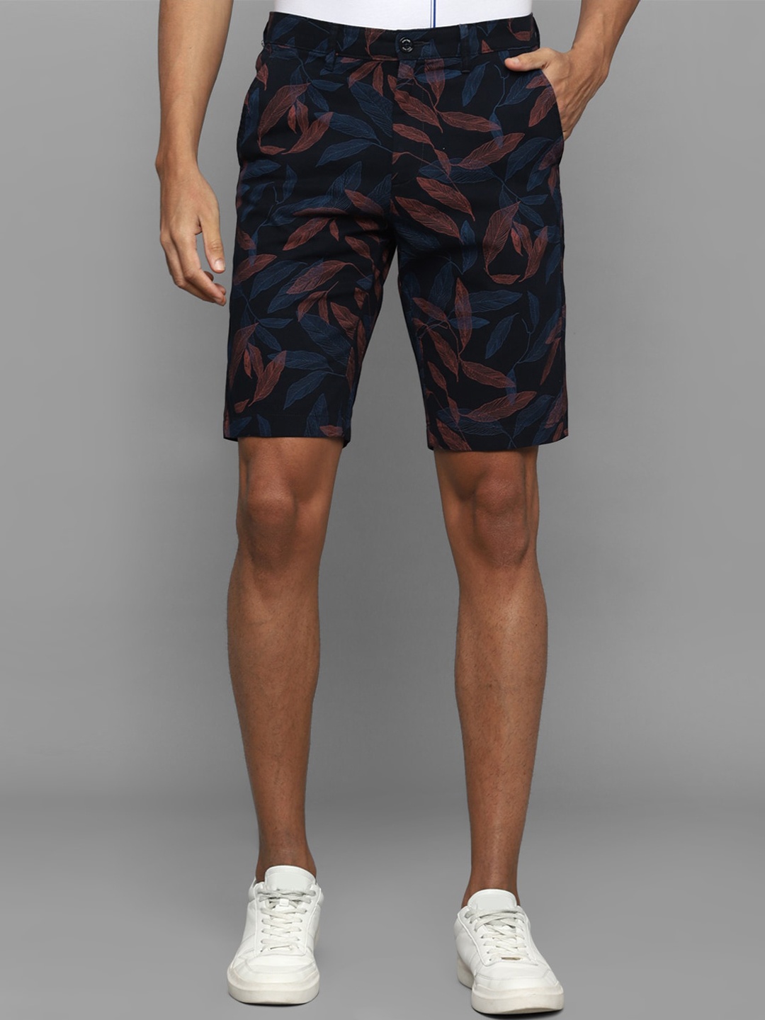 

Allen Solly Men Pure Cotton Camouflage Printed Slim Fit Shorts, Navy blue
