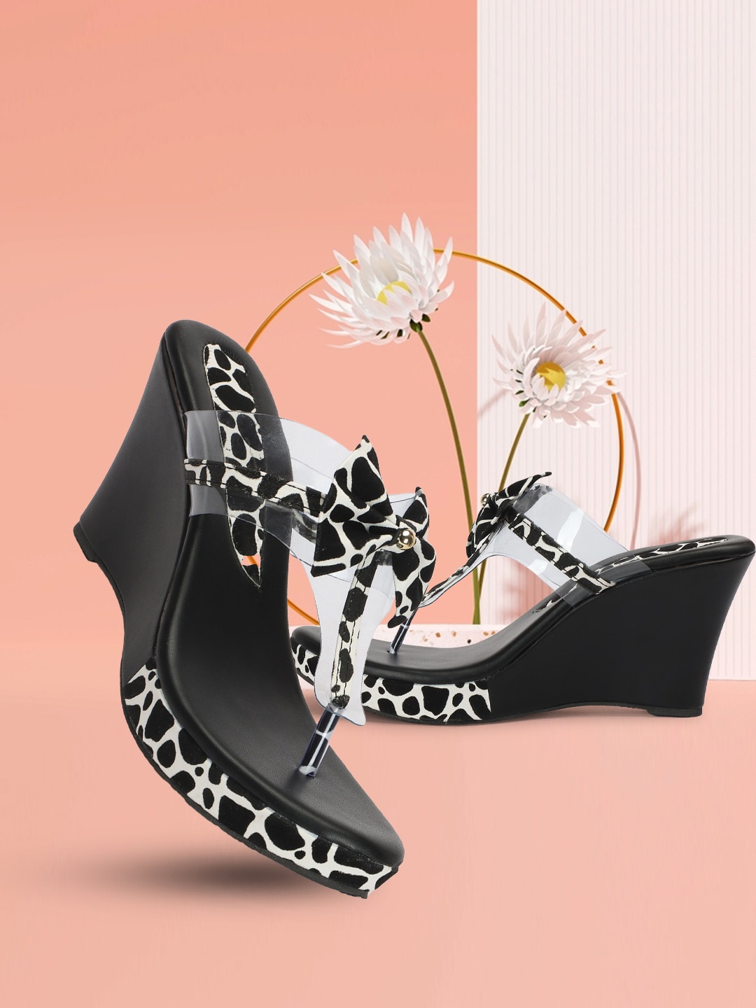 

BLINDER Printed Open Toe Wedge Heels, Black