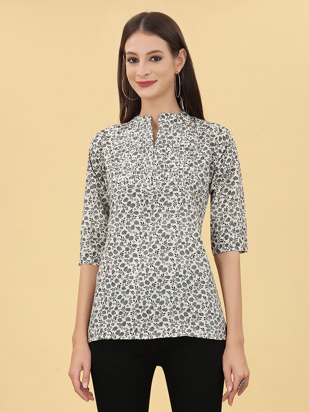 

UNITED LIBERTY Floral Print Mandarin Collar Cotton Top, Grey