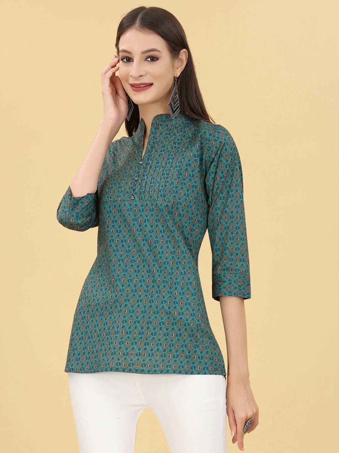 

UNITED LIBERTY Ethnic Motifs Printed Cotton Regular Top, Turquoise blue