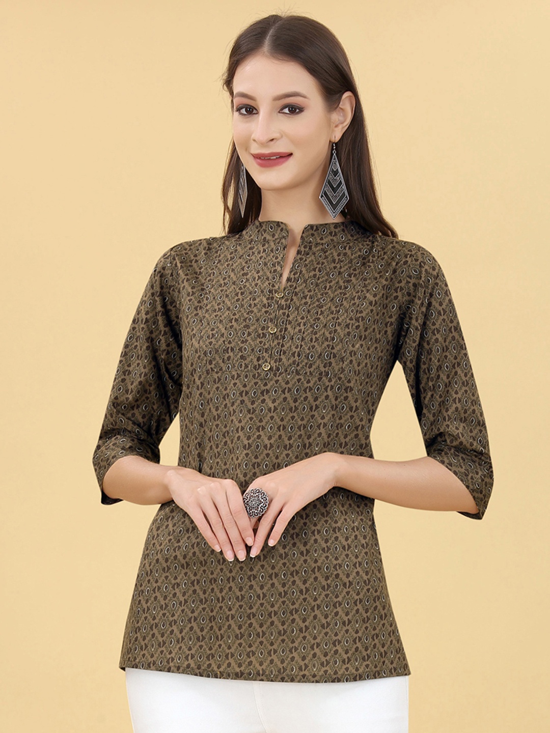 

UNITED LIBERTY Ethnic Motif Printed Cotton Top, Brown