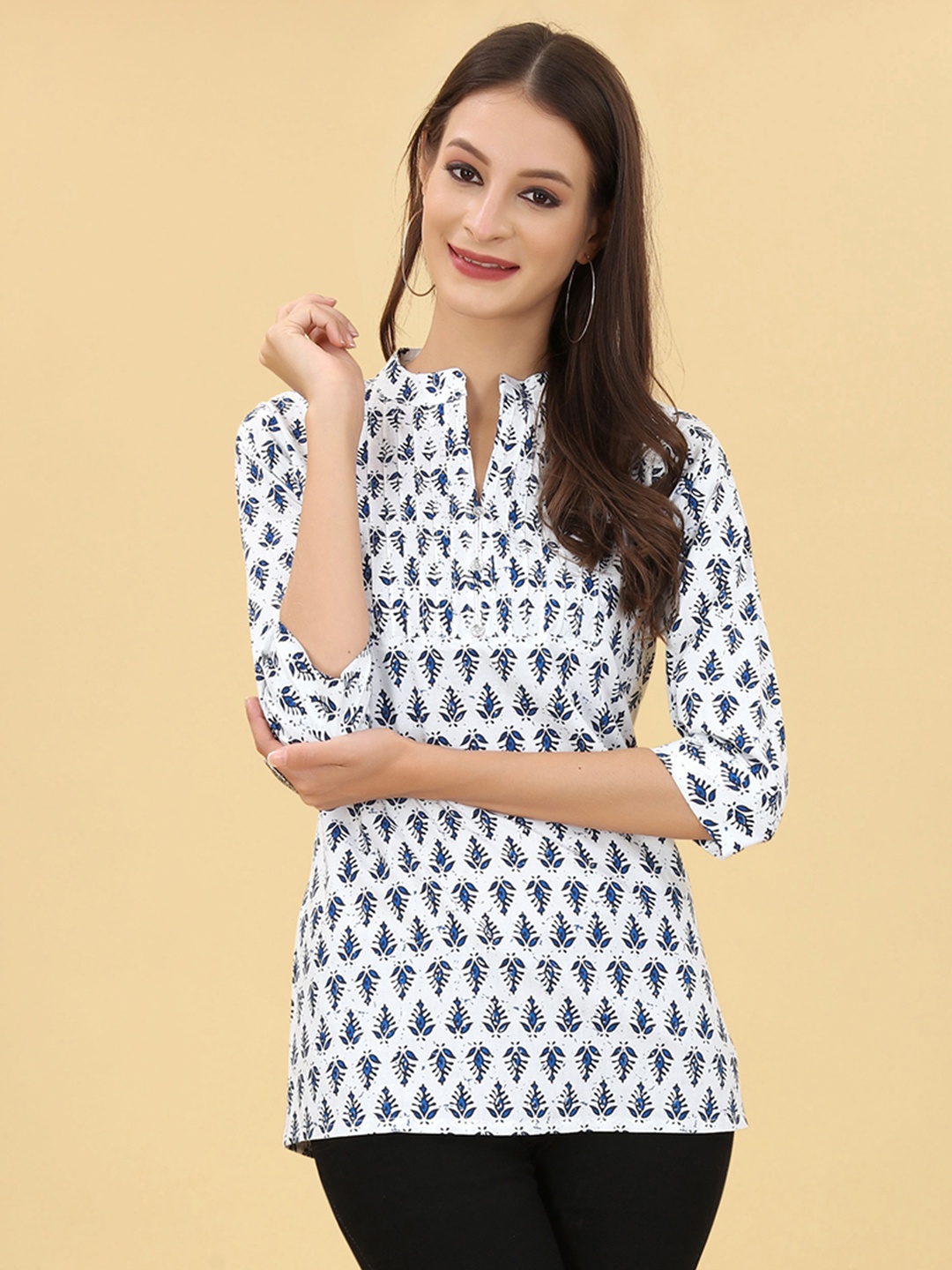 

UNITED LIBERTY Ethnic Printed Mandarin Collar Cotton Top, White