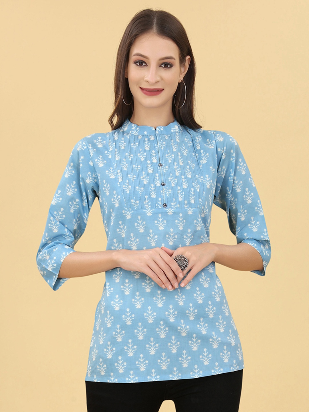 

UNITED LIBERTY Ethnic Motifs Printed Mandarin Collar Cotton Top, Blue