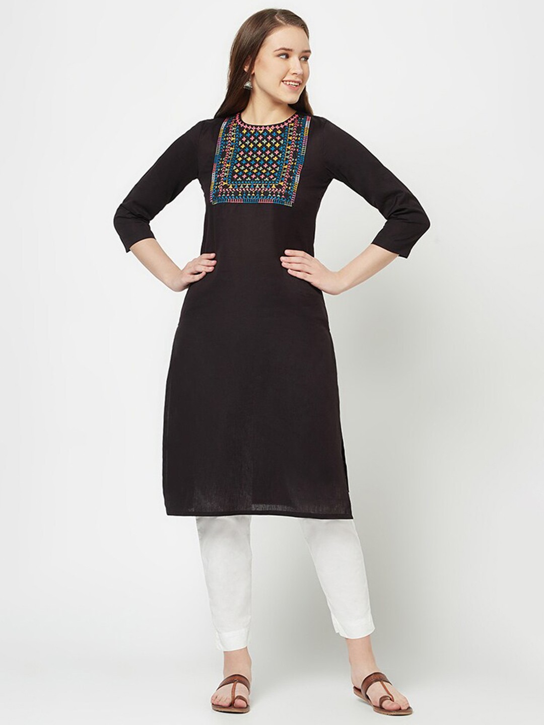 

BARARA ETHNIC Floral Embroidered Pure Cotton Straight Kurta, Black
