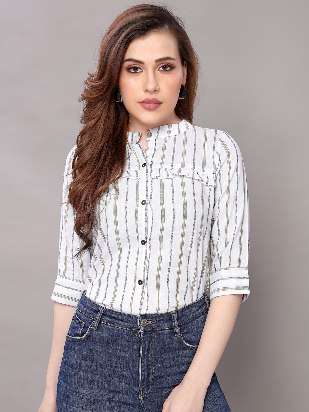 

Selvia Band Collar Striped Ruffles Cotton Top, Off white