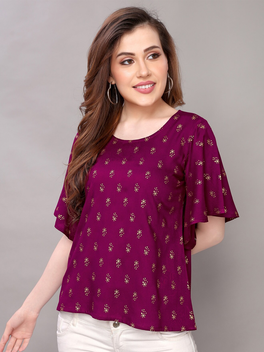 

Selvia Conversational Printed Flared Sleeves Blouson Top, Purple