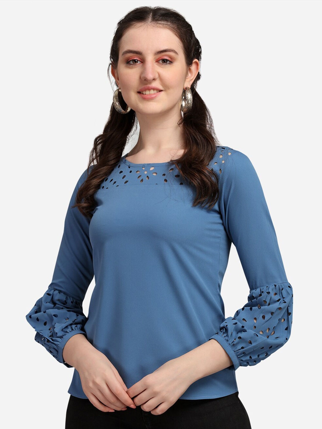

Selvia Self Design Boat Neck Puff Sleeves Cut Out Crepe Top, Blue